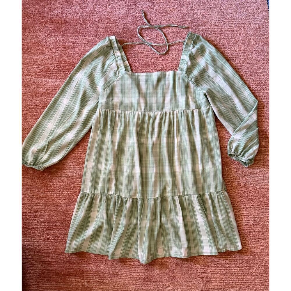 SO Goods For Life Green Plaid Long Sleeve Tiered Mini Dress Cottagecore
